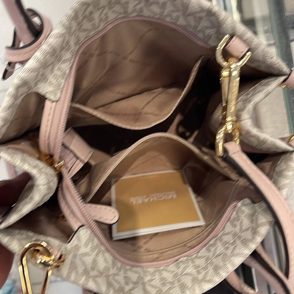 Michael Kors Mirella Small Shopper Top Zip Crossbody Bag Powder Blush Multi Logo